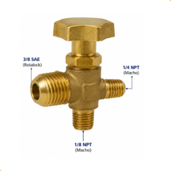 Registro Semi-Industrial 3/8 SAE Rotalock x 1/4 NPT x 1/8 NPT em Latão para Refrigeração e Ar Condicionado